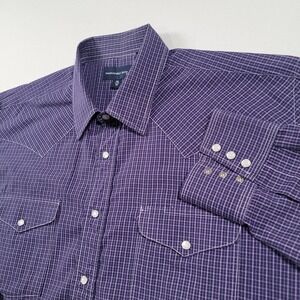 Panhandle Slim Men Western Snap Shirt XL 17.5 36‎ Purple Plaid Long Sleeve
